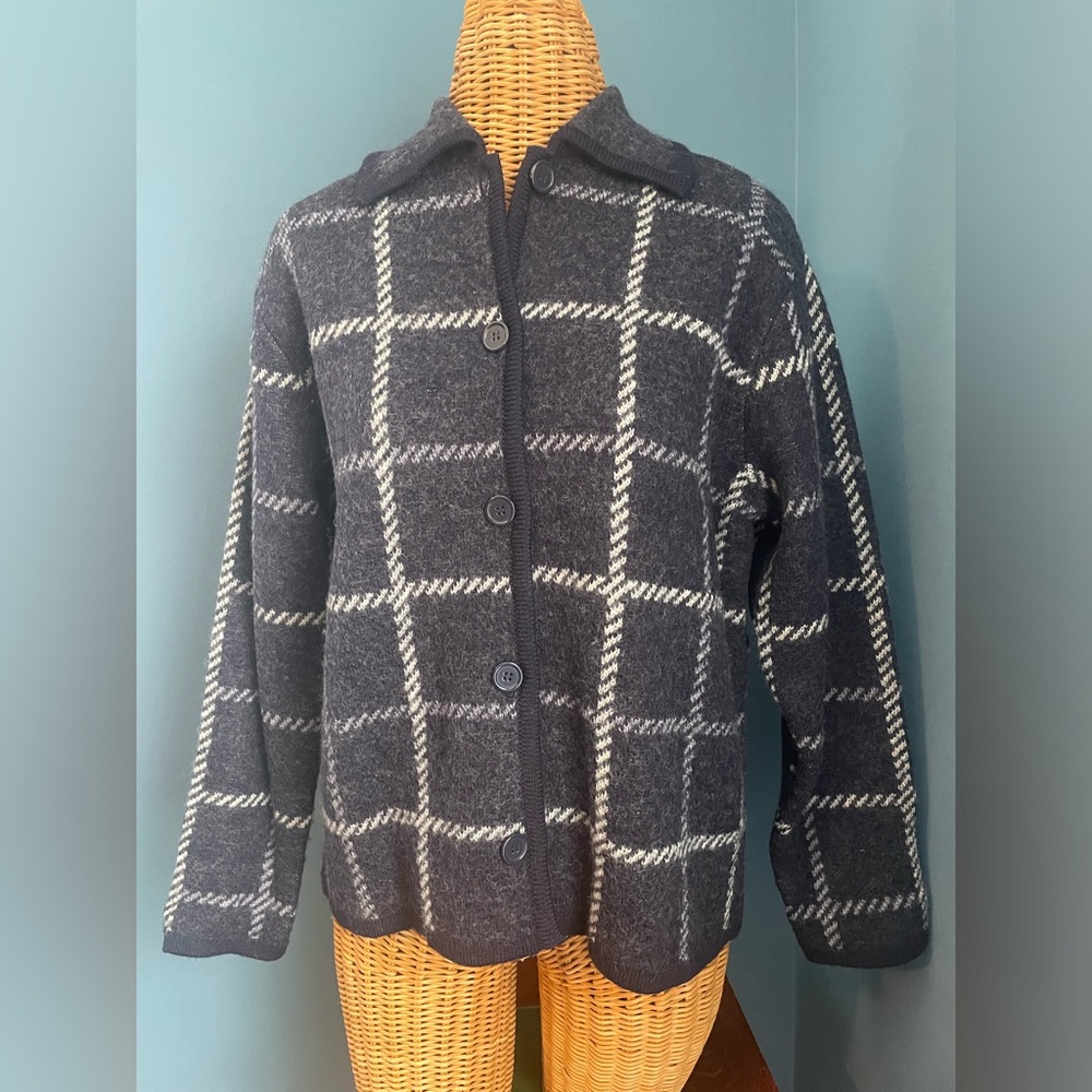 Vintage 100% Wool Cardigan Dark Grey White Plaid Size Petite 8 NWOT